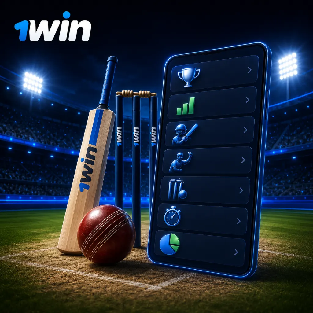 1win cricket betting markets banner with a bat, ball, wickets and mobile betting interface