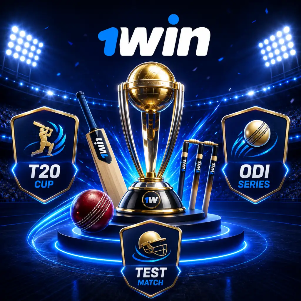 1win cricket banner featuring a trophy, bat, ball and major T20, ODI and Test match formats
